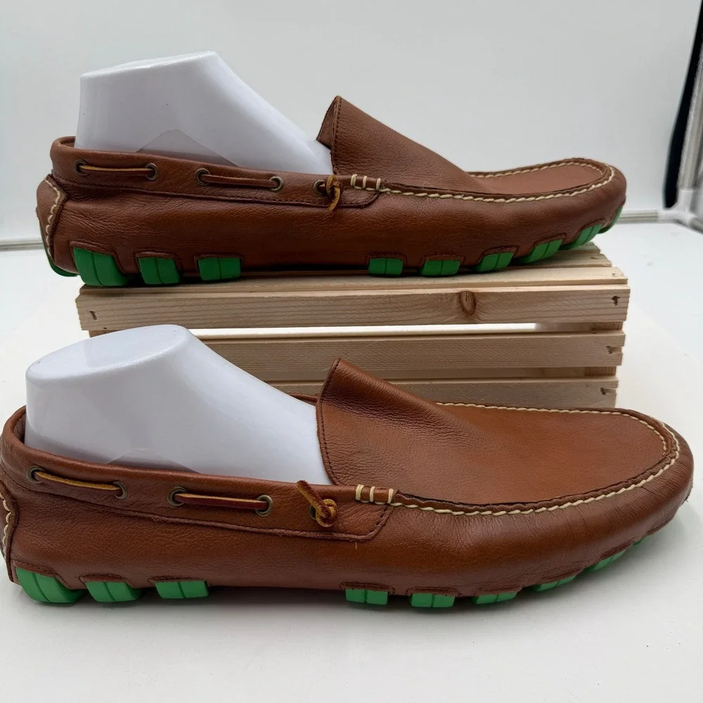 Men's Brown Leather Driving Moccasins with Green Outsole